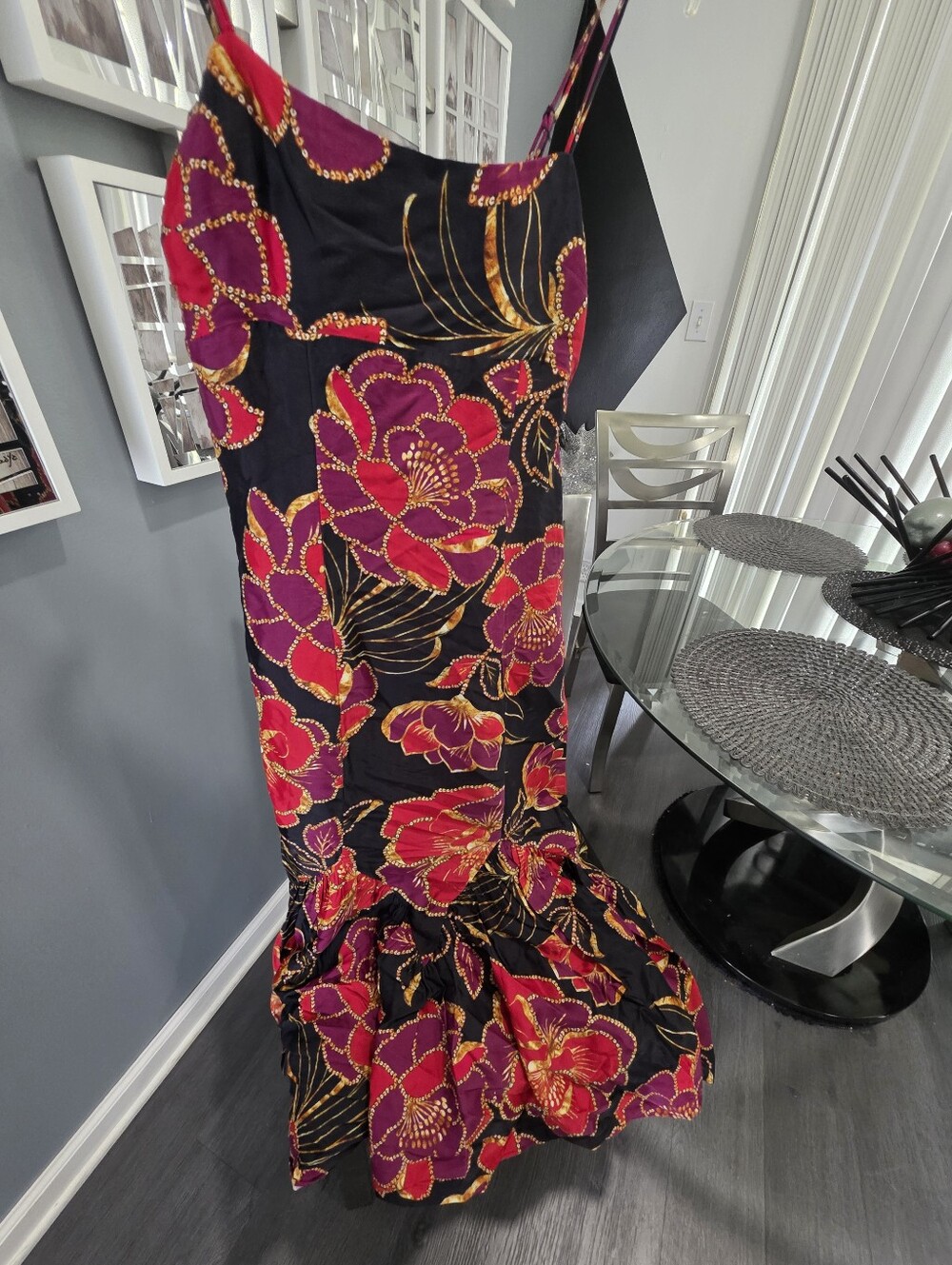 Black Floral Slip Dress with Red and Purple Blooms